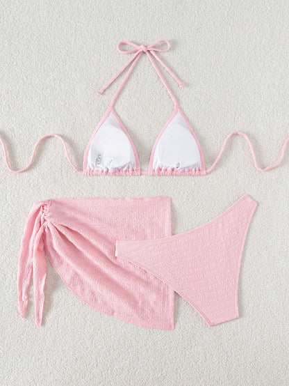 Swim Basics 3pcs/Set Women Solid Color Halter Neck Swimsuit, Triangle Bikini Bottom, Swimwear Set With Cover Up Skirt For Summer
