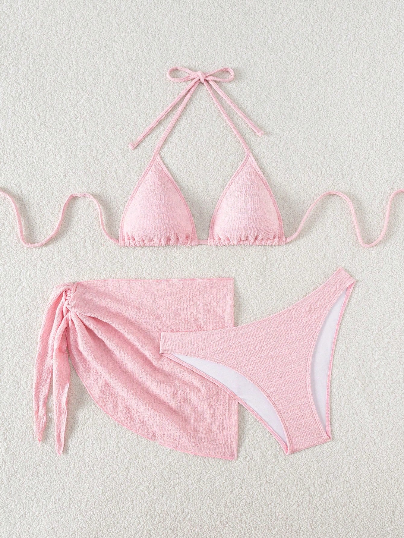 Swim Basics 3pcs/Set Women Solid Color Halter Neck Swimsuit, Triangle Bikini Bottom, Swimwear Set With Cover Up Skirt For Summer