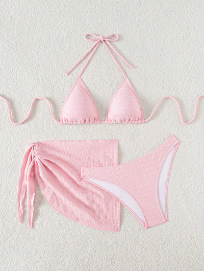 Swim Basics 3pcs/Set Women Solid Color Halter Neck Swimsuit, Triangle Bikini Bottom, Swimwear Set With Cover Up Skirt For Summer