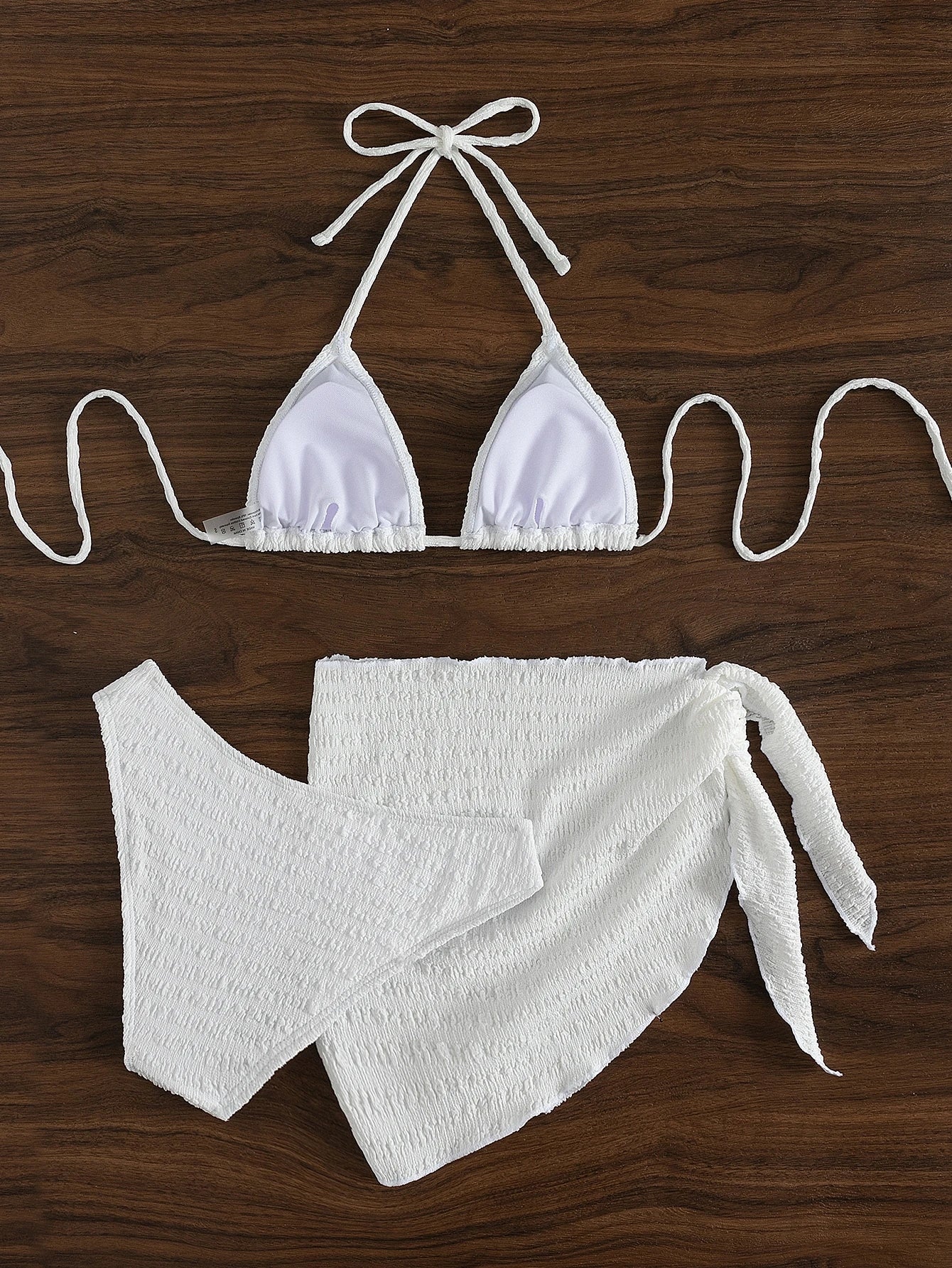 Swim Basics 3pcs/Set Women Solid Color Halter Neck Swimsuit, Triangle Bikini Bottom, Swimwear Set With Cover Up Skirt For Summer