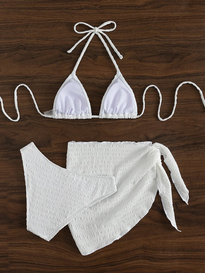 Swim Basics 3pcs/Set Women Solid Color Halter Neck Swimsuit, Triangle Bikini Bottom, Swimwear Set With Cover Up Skirt For Summer
