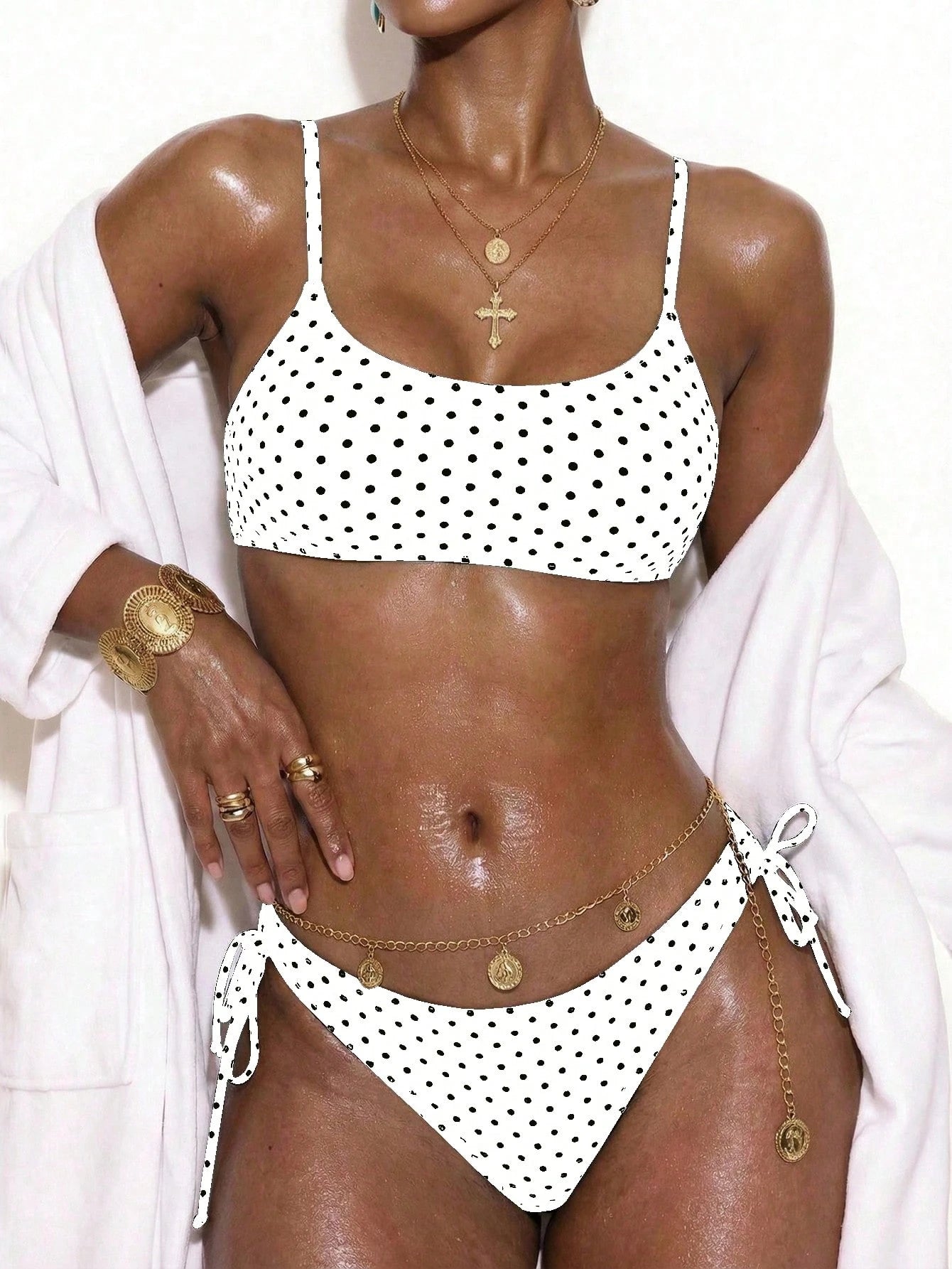 Swim Basics Fashion Basic Polka Dot Lace-Up Women's Summer Swimsuit 2pcs Set