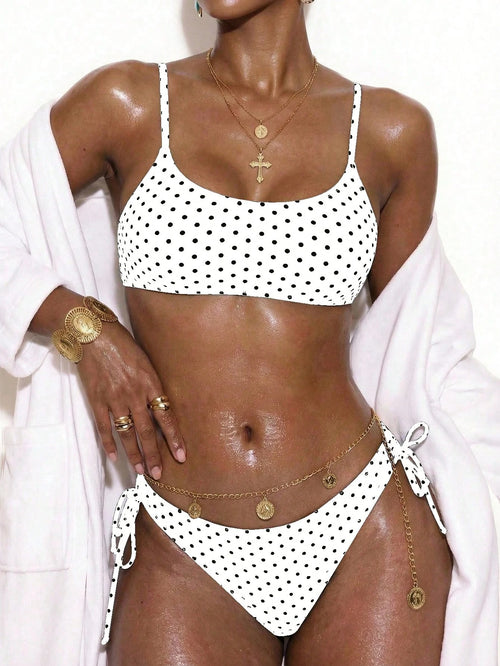 Swim Basics Fashion Basic Polka Dot Lace-Up Women's Summer Swimsuit 2pcs Set