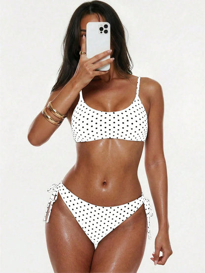 Swim Basics Fashion Basic Polka Dot Lace-Up Women's Summer Swimsuit 2pcs Set