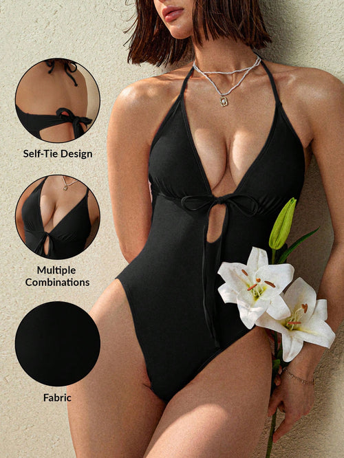 Swim Basics Women's Minimalist Fashion Black Holiday Cute Bow Pleated Triangle Cup One-Piece Swimsuit, Beach Vacation For Summer