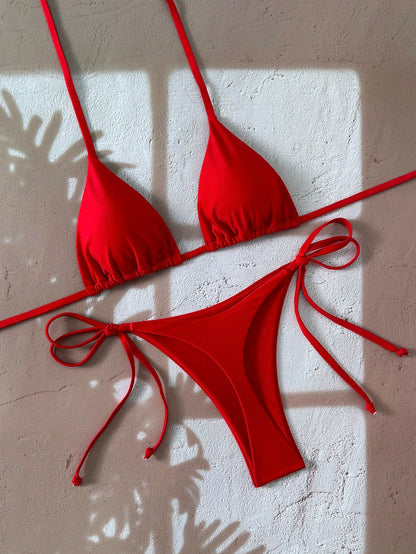Swim Basics Women's Solid Color Halter Tie Backless Sexy Thong Bikini Set For Summer Beach Vacation,Summer,Spring,Valentine's Day,Casual,Party,Beach