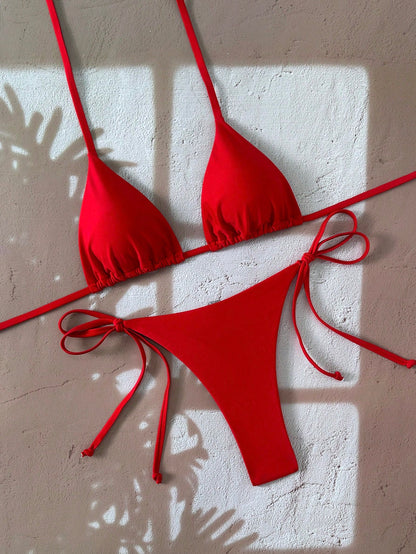 Swim Basics Women's Solid Color Halter Tie Backless Sexy Thong Bikini Set For Summer Beach Vacation,Summer,Spring,Valentine's Day,Casual,Party,Beach