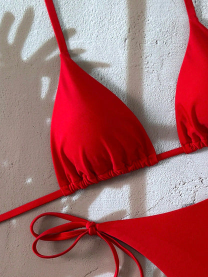 Swim Basics Women's Solid Color Halter Tie Backless Sexy Thong Bikini Set For Summer Beach Vacation,Summer,Spring,Valentine's Day,Casual,Party,Beach