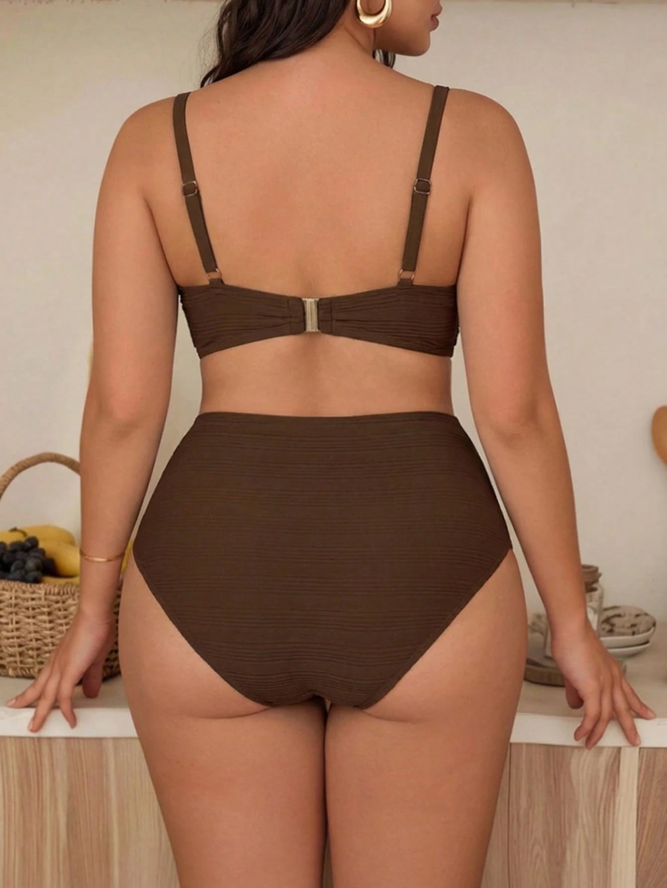 Swim Chiccia 2Pcs Plus Size Women Solid Color Gather Strap Fashionable Simple Bikini Swimwear Set, Vacation Outfit For Summer