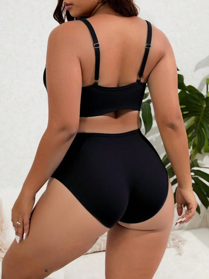Swim Curve Plus Size 2pcs Solid V-Neck Top And High Waist Shorts Women Summer Vacation Bikini Set Set