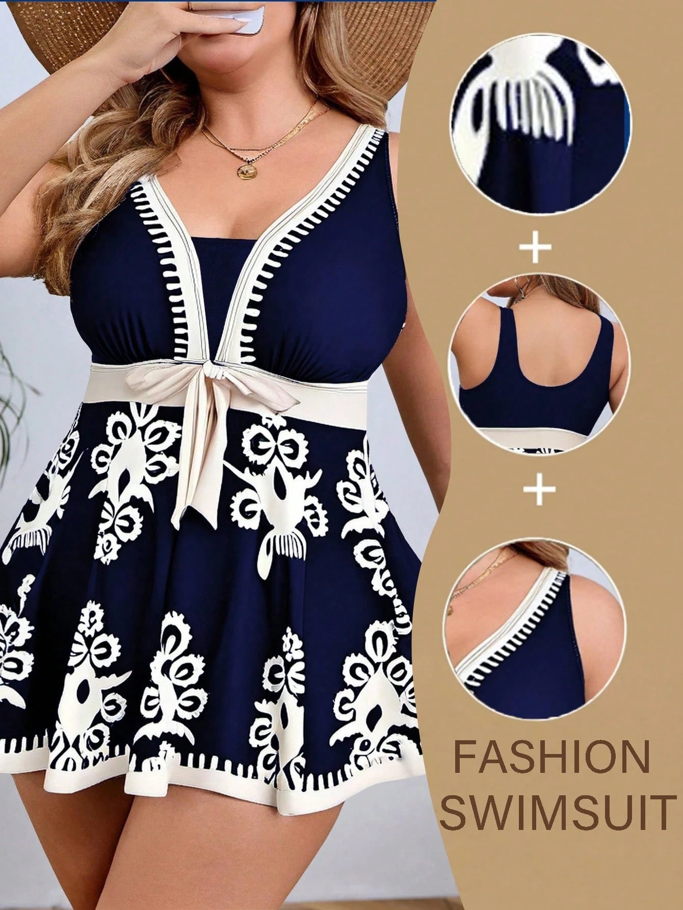 Swim Curve Plus Size Color Block Print Sleeveless Swimsuit Dress For Summer Beach Vacation