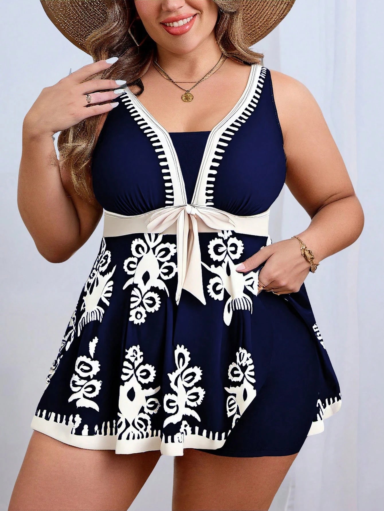 Swim Curve Plus Size Color Block Print Sleeveless Swimsuit Dress For Summer Beach Vacation