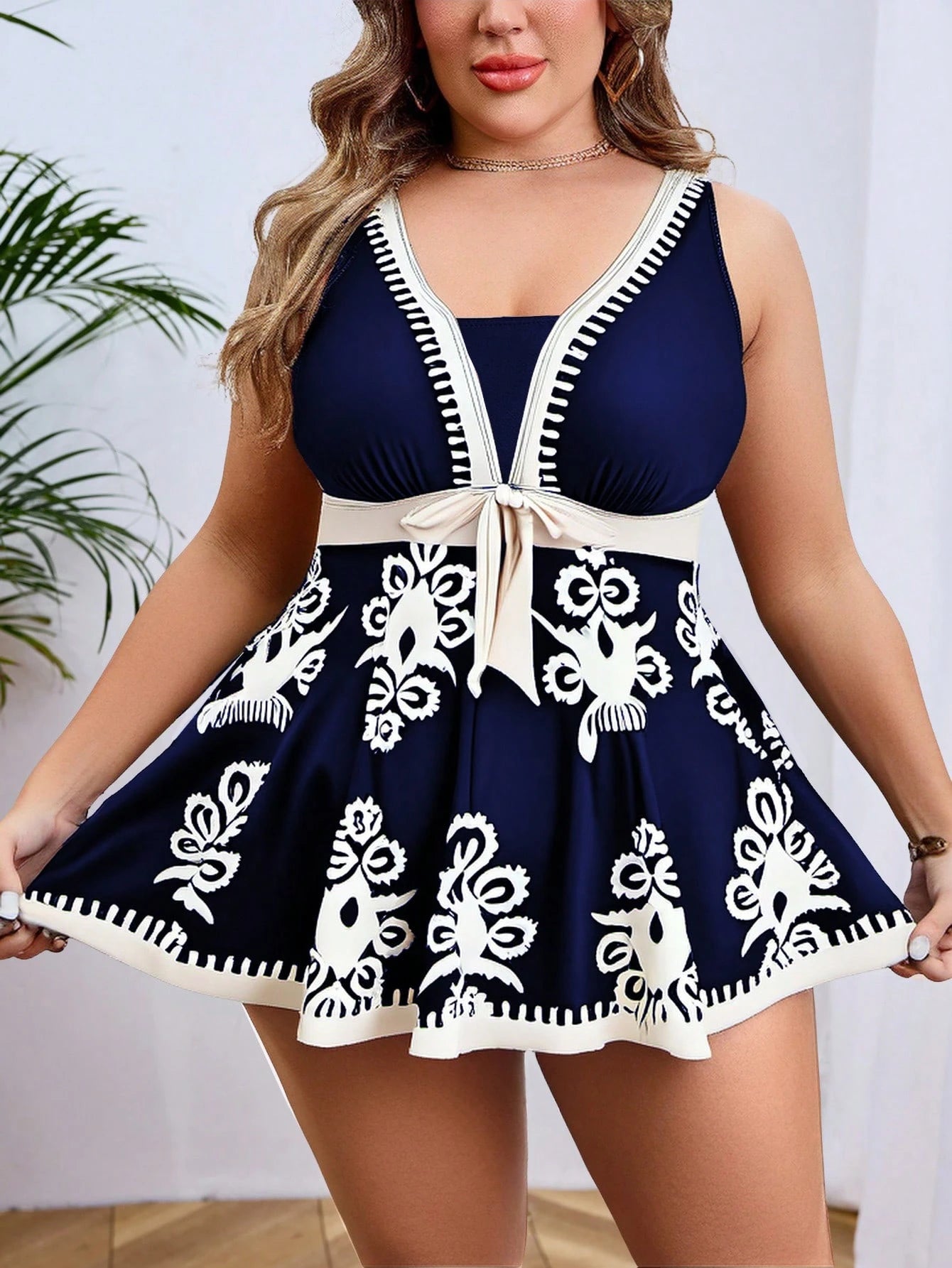 Swim Curve Plus Size Color Block Print Sleeveless Swimsuit Dress For Summer Beach Vacation