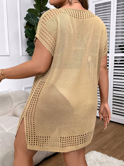 Swim Curve Plus Size Vacational Casual Solid Color Hollow-Out Knitted Coverup Dress For Summer