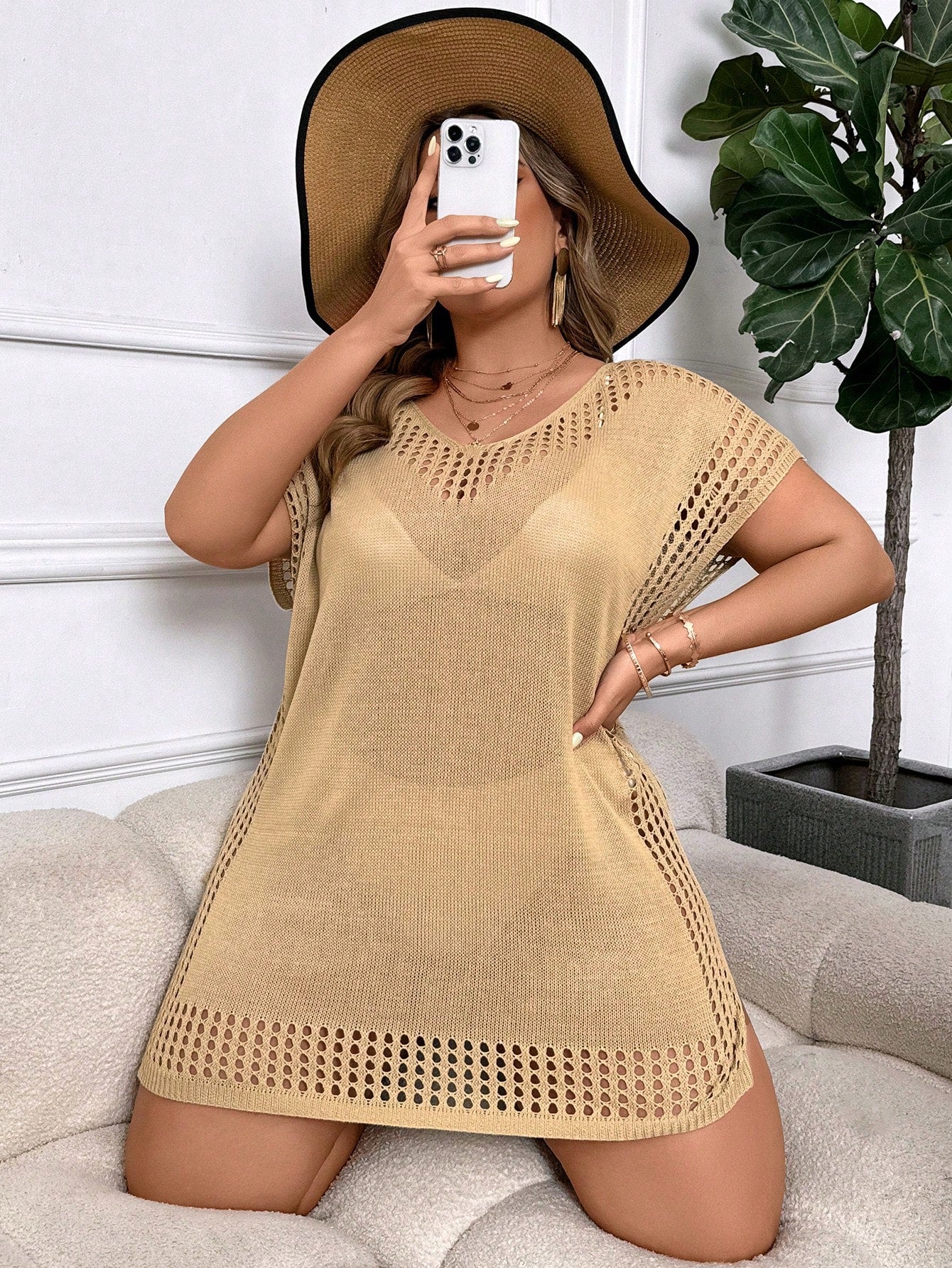 Swim Curve Plus Size Vacational Casual Solid Color Hollow-Out Knitted Coverup Dress For Summer