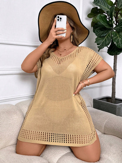 Swim Curve Plus Size Vacational Casual Solid Color Hollow-Out Knitted Coverup Dress For Summer