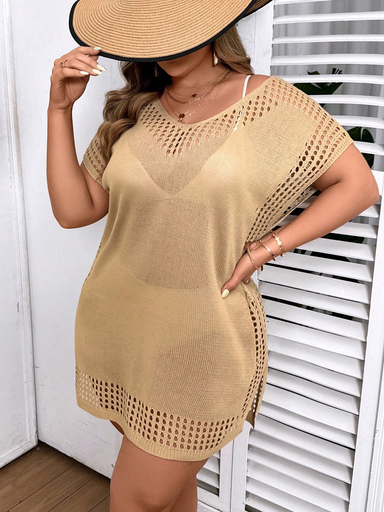 Swim Curve Plus Size Vacational Casual Solid Color Hollow-Out Knitted Coverup Dress For Summer