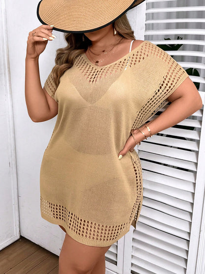 Swim Curve Plus Size Vacational Casual Solid Color Hollow-Out Knitted Coverup Dress For Summer
