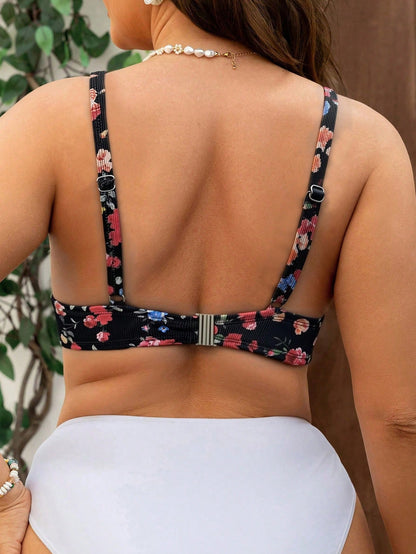 Swim Curve Plus Size Women Floral Random Print Drawstring Backless Tank Top, Summer Beach Bikini Swimwear Top