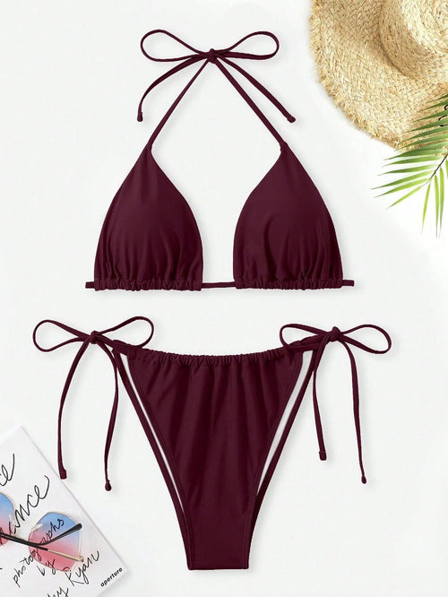 Swim Curve Plus Size Women's Sexy Backless Knot Halter Solid Color Bikini Set, Summer Beach Vacation