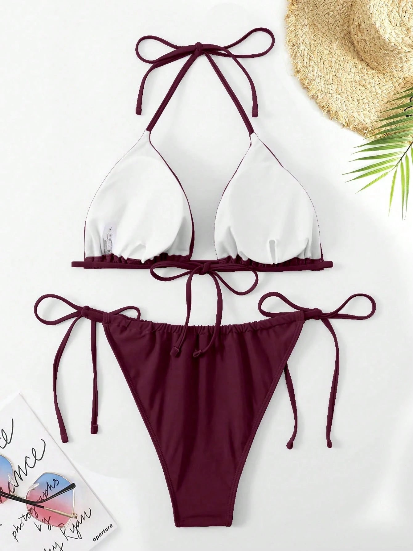 Swim Curve Plus Size Women's Sexy Backless Knot Halter Solid Color Bikini Set, Summer Beach Vacation