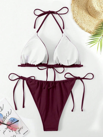 Swim Curve Plus Size Women's Sexy Backless Knot Halter Solid Color Bikini Set, Summer Beach Vacation