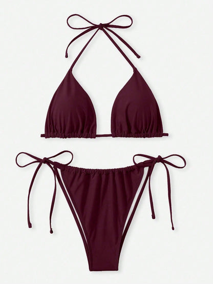 Swim Curve Plus Size Women's Sexy Backless Knot Halter Solid Color Bikini Set, Summer Beach Vacation