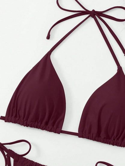 Swim Curve Plus Size Women's Sexy Backless Knot Halter Solid Color Bikini Set, Summer Beach Vacation