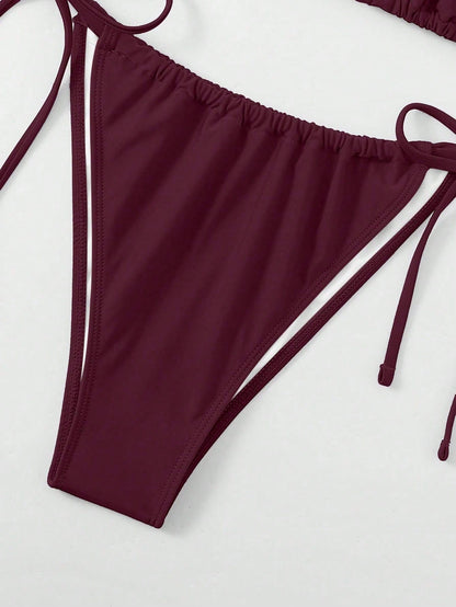 Swim Curve Plus Size Women's Sexy Backless Knot Halter Solid Color Bikini Set, Summer Beach Vacation