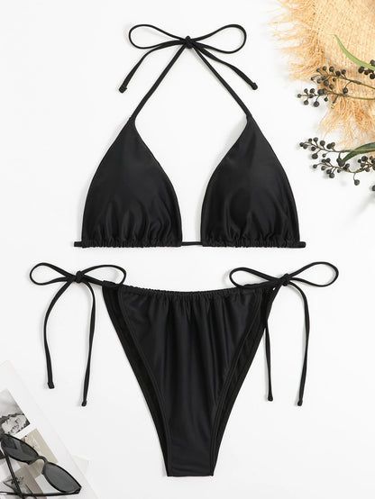 Swim Curve Plus Size Women's Sexy Backless Knot Halter Solid Color Bikini Set, Summer Beach Vacation