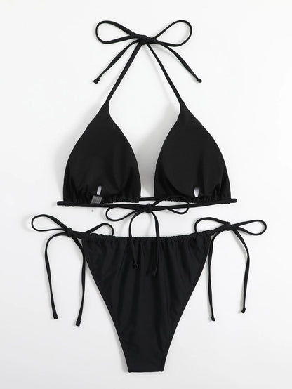 Swim Curve Plus Size Women's Sexy Backless Knot Halter Solid Color Bikini Set, Summer Beach Vacation