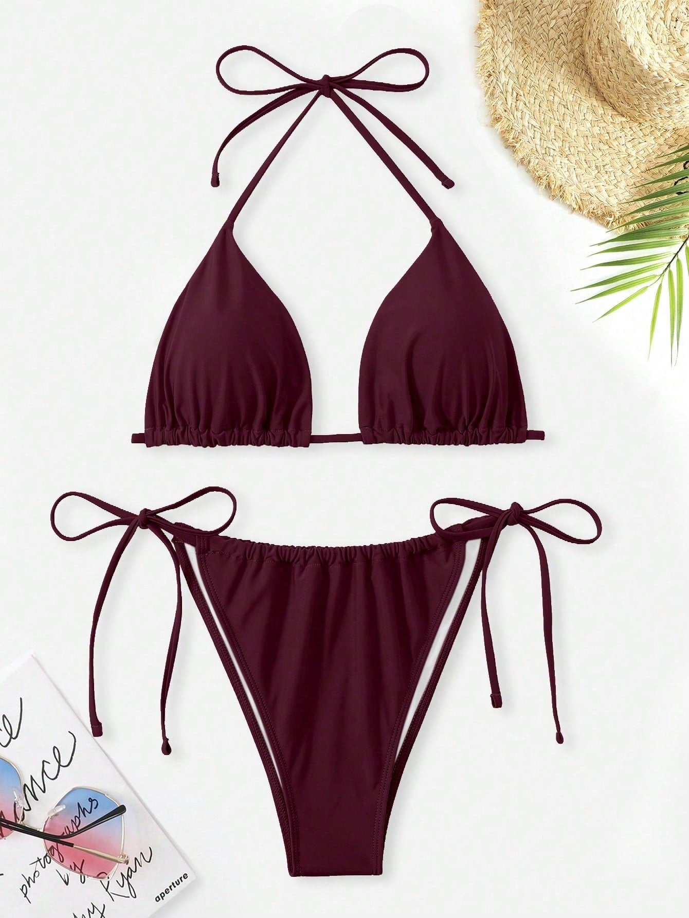 Swim Curve Plus Size Women's Sexy Backless Knot Halter Solid Color Bikini Set, Summer Beach Vacation