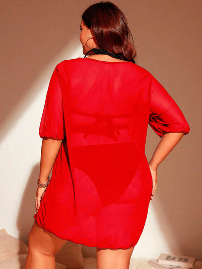 Swim Lushoire 2025 Plus Size Women Loose Casual Vacation Beach Cover Up Tunic With Side Slit, Short Sleeve Summer