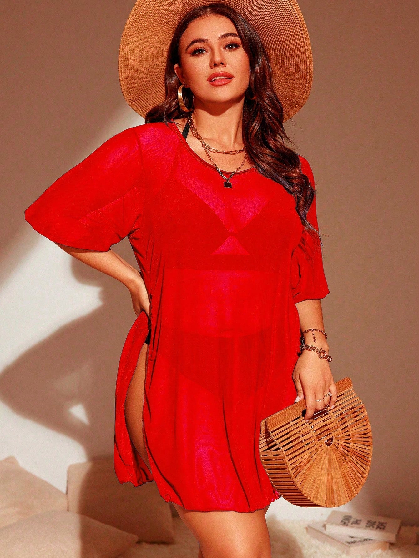Swim Lushoire 2025 Plus Size Women Loose Casual Vacation Beach Cover Up Tunic With Side Slit, Short Sleeve Summer