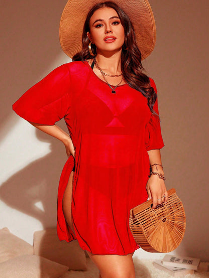 Swim Lushoire 2025 Plus Size Women Loose Casual Vacation Beach Cover Up Tunic With Side Slit, Short Sleeve Summer