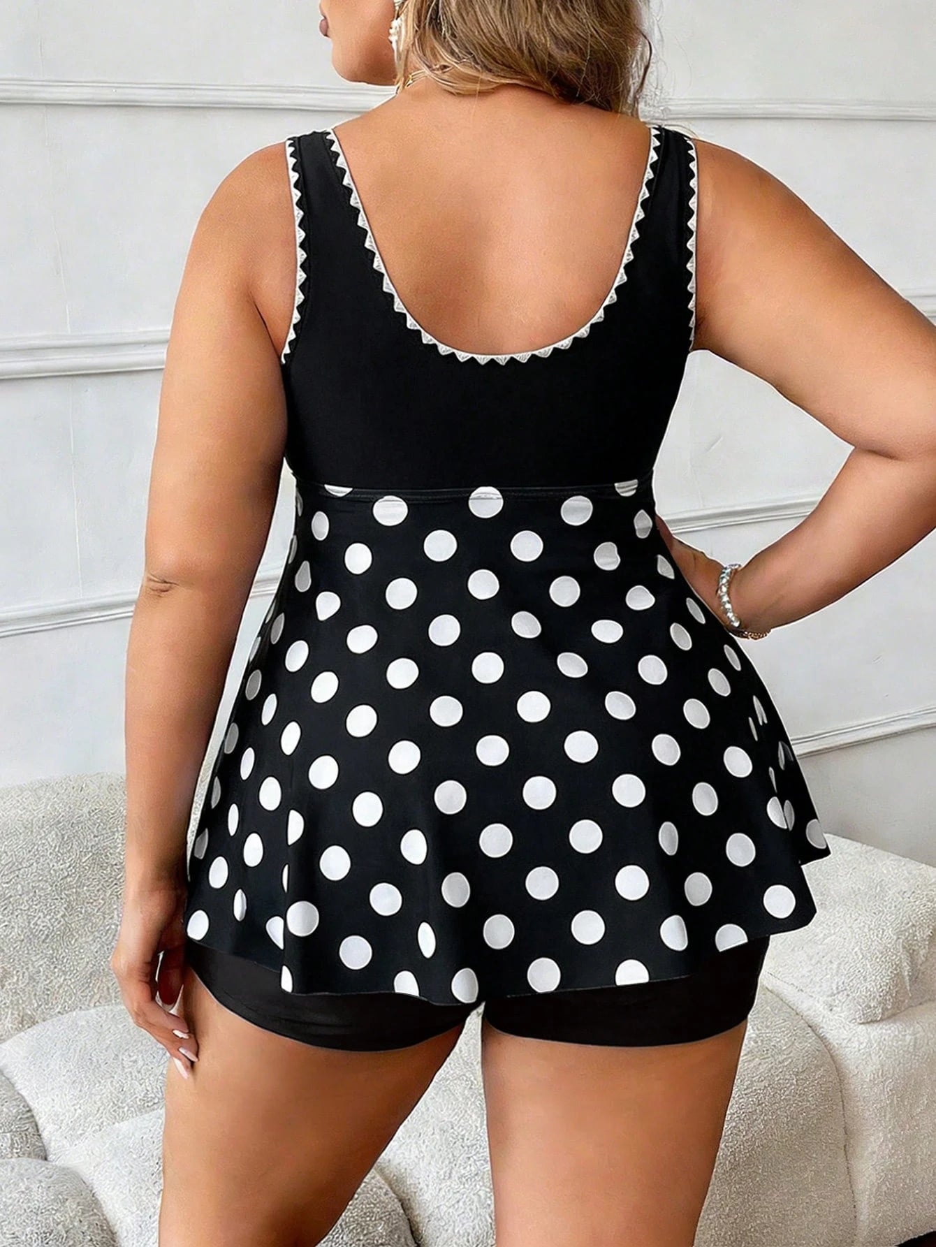 Swim Lushoire 2026 New Plus Size Women 2pcs Ruffled Drawstring Black & White Polka Dot Dress Swimwear With High Waist Shorts Set, Beach Holiday
