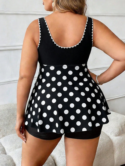 Swim Lushoire 2026 New Plus Size Women 2pcs Ruffled Drawstring Black & White Polka Dot Dress Swimwear With High Waist Shorts Set, Beach Holiday