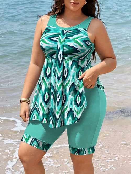 Swim Lushoire 2026 New Plus Size Women's Tankini Swimsuit Two Pieces Set,Backless Bikini With Skirt,Digital Print Sage Green,Summer,Boho,Elegant,Vacation,Holiday