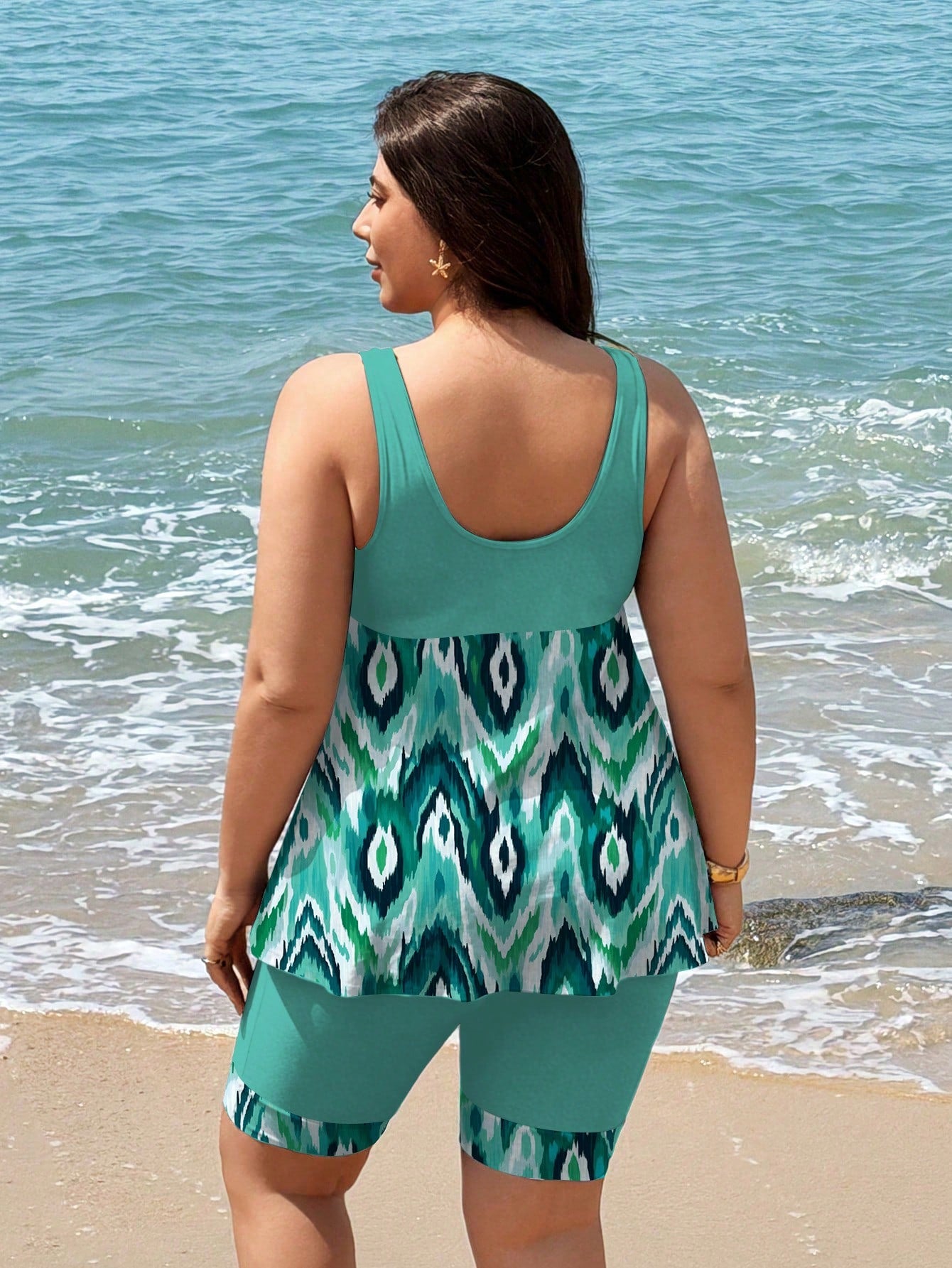 Swim Lushoire 2026 New Plus Size Women's Tankini Swimsuit Two Pieces Set,Backless Bikini With Skirt,Digital Print Sage Green,Summer,Boho,Elegant,Vacation,Holiday
