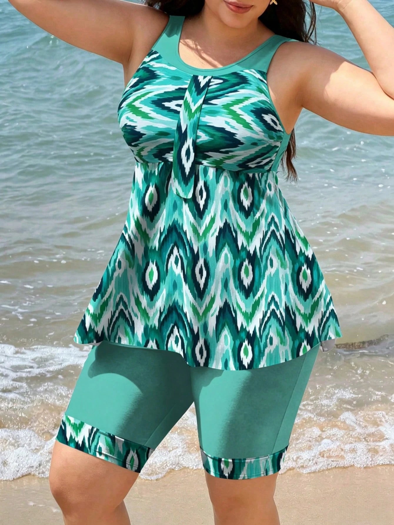 Swim Lushoire 2026 New Plus Size Women's Tankini Swimsuit Two Pieces Set,Backless Bikini With Skirt,Digital Print Sage Green,Summer,Boho,Elegant,Vacation,Holiday