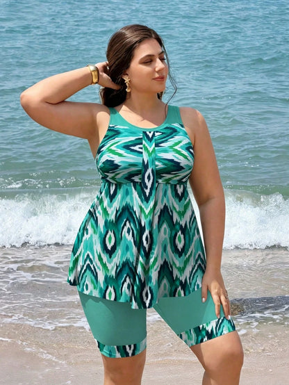 Swim Lushoire 2026 New Plus Size Women's Tankini Swimsuit Two Pieces Set,Backless Bikini With Skirt,Digital Print Sage Green,Summer,Boho,Elegant,Vacation,Holiday