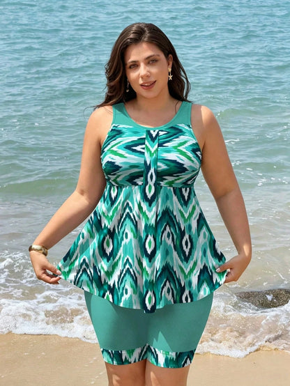 Swim Lushoire 2026 New Plus Size Women's Tankini Swimsuit Two Pieces Set,Backless Bikini With Skirt,Digital Print Sage Green,Summer,Boho,Elegant,Vacation,Holiday