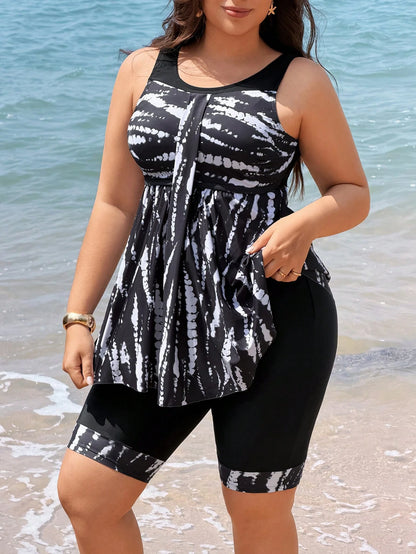 Swim Lushoire 2026 New Plus Size Women's Tankini Swimsuit Two Pieces Set,Backless Bikini With Skirt,Digital Print Sage Green,Summer,Boho,Elegant,Vacation,Holiday