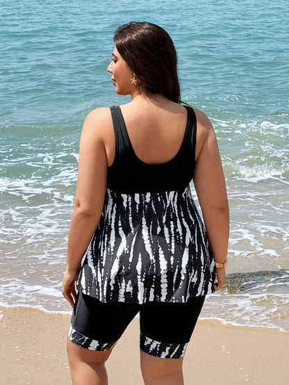 Swim Lushoire 2026 New Plus Size Women's Tankini Swimsuit Two Pieces Set,Backless Bikini With Skirt,Digital Print Sage Green,Summer,Boho,Elegant,Vacation,Holiday