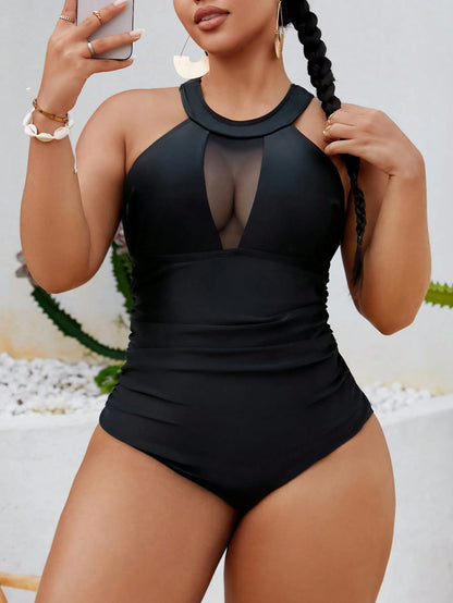 Swim Lushoire 2026 Plus Size Women's Summer Solid Black Knit One-Piece Swimsuit, Minimalist Backless Design, Suitable For Vacation