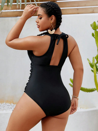 Swim Lushoire 2026 Plus Size Women's Summer Solid Black Knit One-Piece Swimsuit, Minimalist Backless Design, Suitable For Vacation