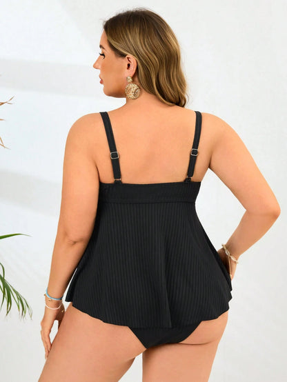 Swim Lushoire 2pcs Plus Size Women Black Minimalist Bandeau & High Waist Triangle Bottom Bikini, Vacation Swimwear For Summer