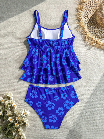 Swim Lushoire 2pcs/Set Women Blue Floral Summer Boho Tankini Swimwear,Layered Ruffle Trim Top & Triangle Bottom,Beach Holiday,Christmas New Year Outfits Vacation