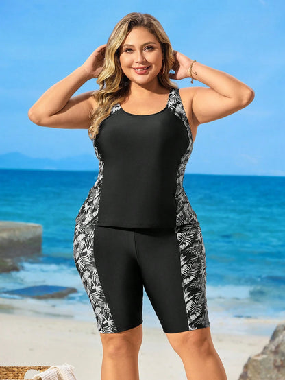 Swim Lushoire 2pcs Women Plus Size Floral Print Thick Strap Vacation Tankini Swimsuit Set For Summer