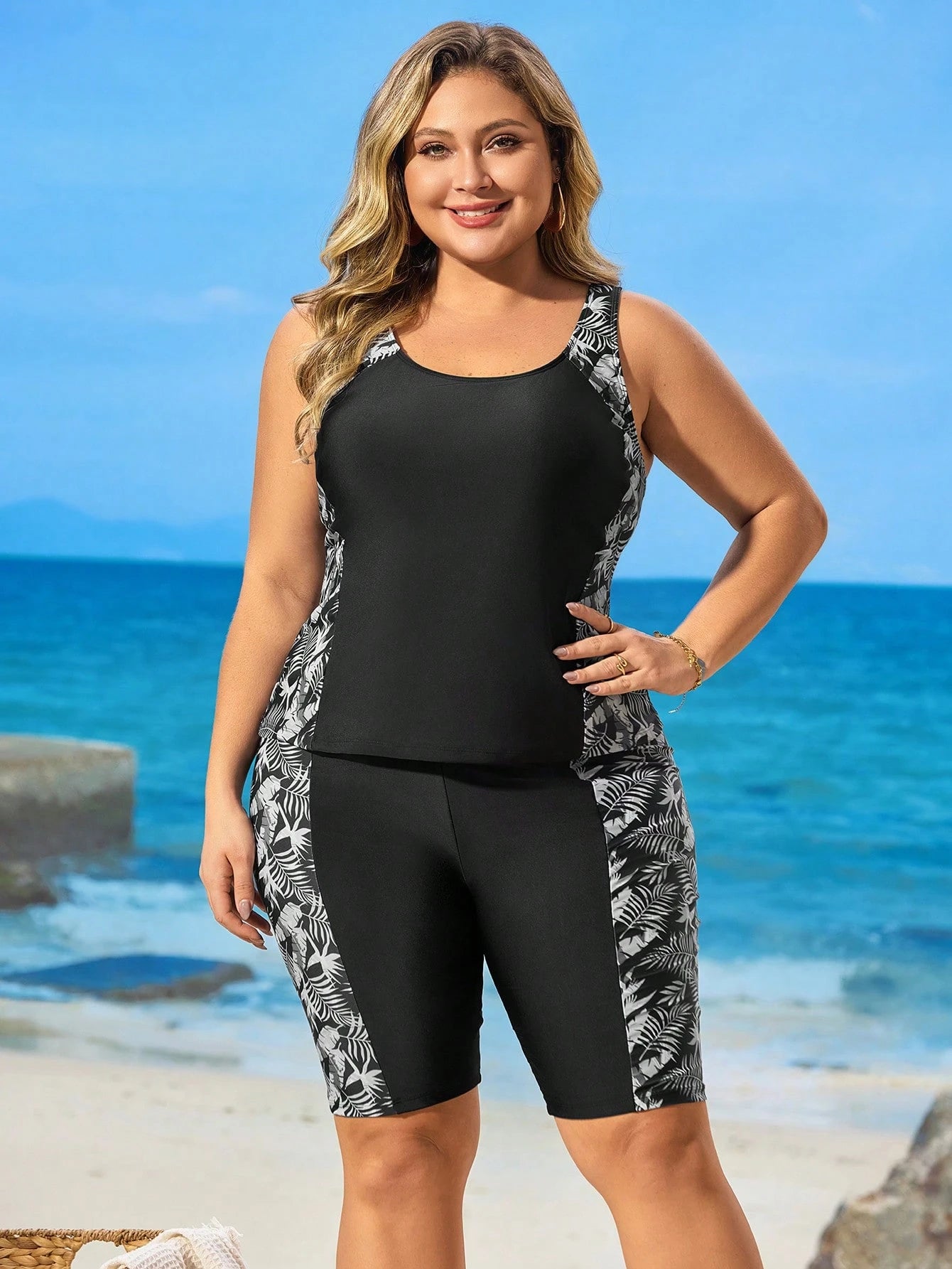 Swim Lushoire 2pcs Women Plus Size Floral Print Thick Strap Vacation Tankini Swimsuit Set For Summer